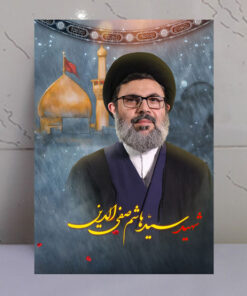 قاب شاسی شهید سید هاشم صفی الدین با زمینه گنبد حرم امام حسین(ع)