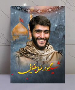 قاب شاسی شهید محمودرضا بیضایی با زمینه گنبد حرم امام حسین(ع)