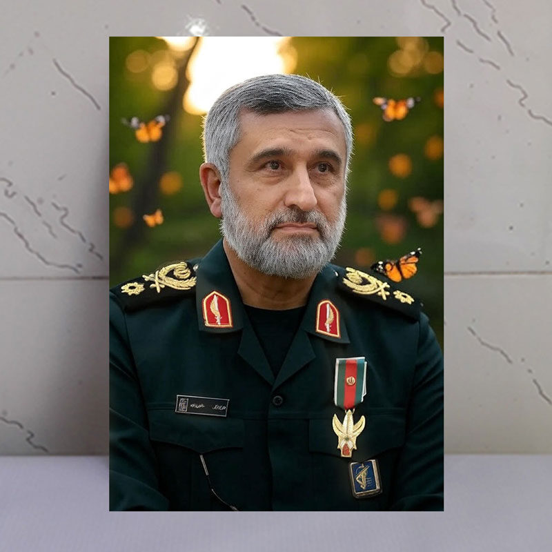 قاب شاسی شهید حاجی زاده در میان گل و پروانه
