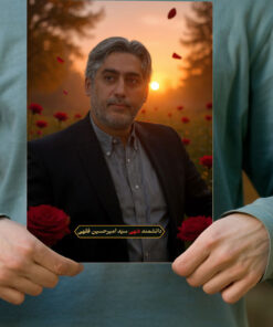 پوستر دانشمند شهید سید امیرحسین فقهی با زمینه دشت گل و غروب
