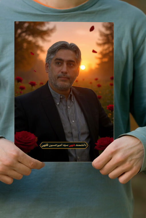 پوستر دانشمند شهید سید امیرحسین فقهی با زمینه دشت گل و غروب