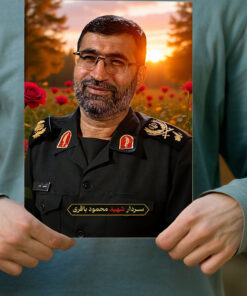 پوستر سردار شهید محمود باقری با زمینه دشت گل و غروب