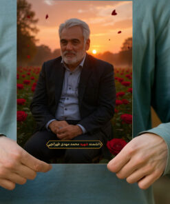 پوستر دانشمند شهید محمد مهدی طهرانچی با زمینه دشت گل و غروب