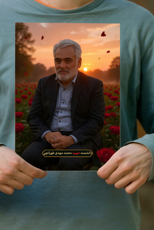 پوستر دانشمند شهید محمد مهدی طهرانچی با زمینه دشت گل و غروب