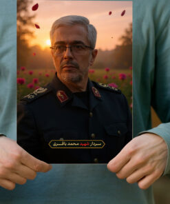 پوستر سردار شهید محمد باقری با زمینه دشت گل و غروب