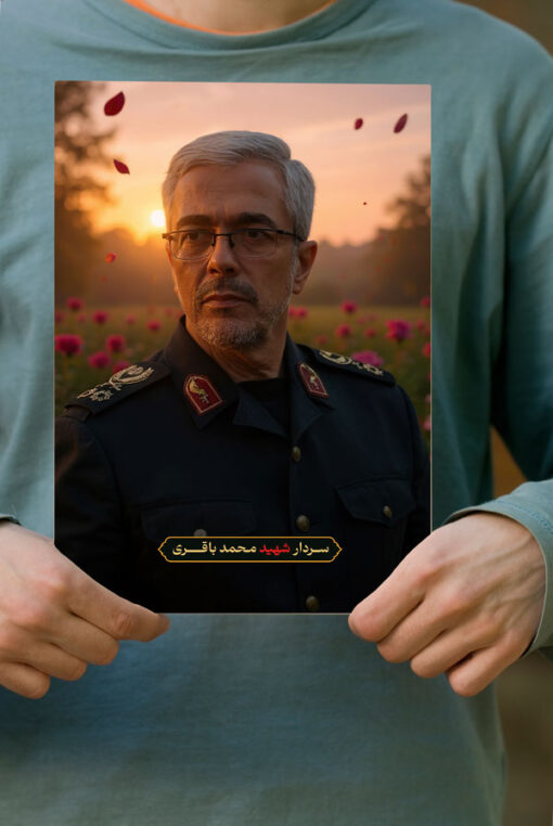 پوستر سردار شهید محمد باقری با زمینه دشت گل و غروب