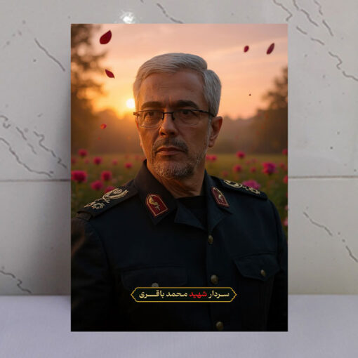 قاب شاسی سردار شهید محمد باقری با زمینه غروب و دشت گل