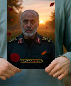 پوستر سردار شهید غلامعلی رشید با زمینه دشت گل و غروب