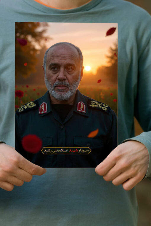 پوستر سردار شهید غلامعلی رشید با زمینه دشت گل و غروب
