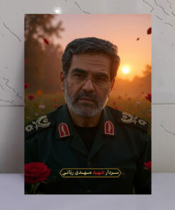 قاب شاسی سردار شهید مهدی ربانی با زمینه غروب و دشت گل