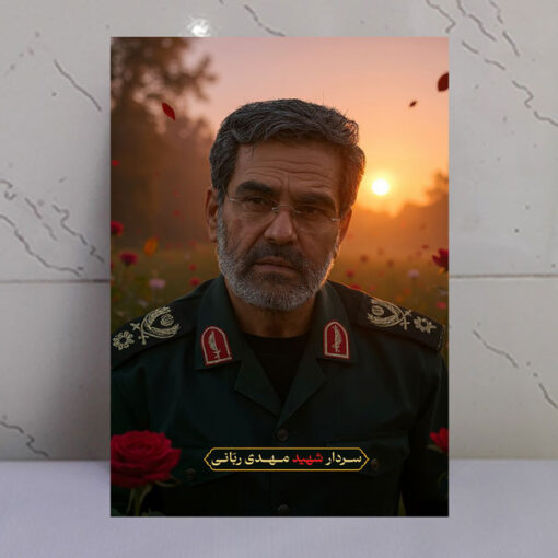 قاب شاسی سردار شهید مهدی ربانی با زمینه غروب و دشت گل