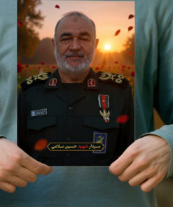 پوستر سردار شهید حسین سلامی با زمینه دشت گل و غروب