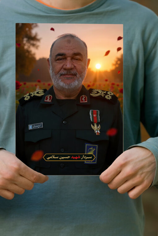 پوستر سردار شهید حسین سلامی با زمینه دشت گل و غروب