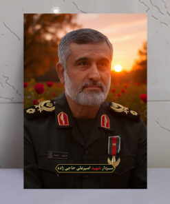 قاب شاسی سردار شهید امیرعلی حاجی زاده با زمینه غروب و دشت گل