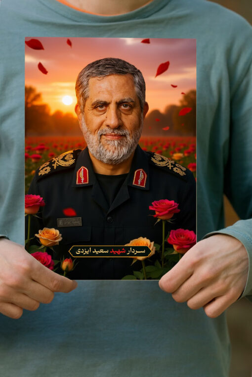 پوستر سردار شهید سعید ایزدی/حاج رمضان با زمینه دشت گل و غروب