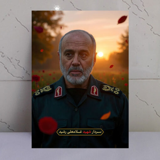 قاب شاسی سردار شهید غلامعلی رشید با زمینه غروب و دشت گل