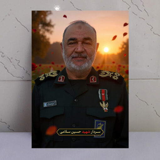 قاب شاسی سردار شهید حسین سلامی با زمینه غروب و دشت گل