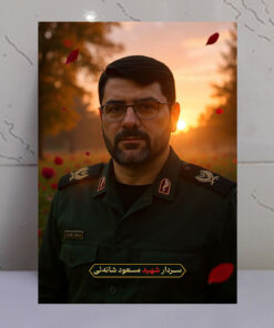 قاب شاسی سردار شهید مسعود شانه‌ئی با زمینه غروب و دشت گل