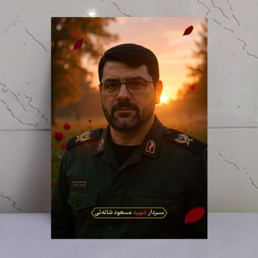قاب شاسی سردار شهید مسعود شانه‌ئی با زمینه غروب و دشت گل