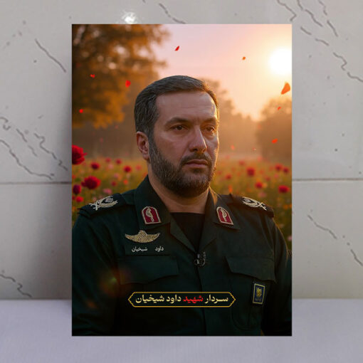 قاب شاسی سردار شهید داود شیخیان با زمینه غروب و دشت گل