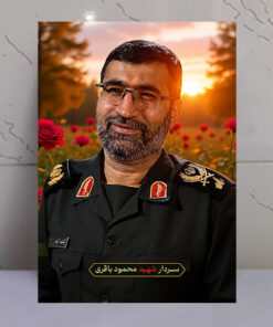 قاب شاسی سردار شهید محمود باقری با زمینه غروب و دشت گل