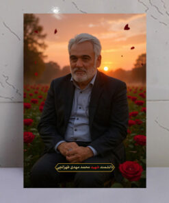 قاب شاسی دانشمند شهید محمد مهدی طهرانچی با زمینه غروب و دشت گل