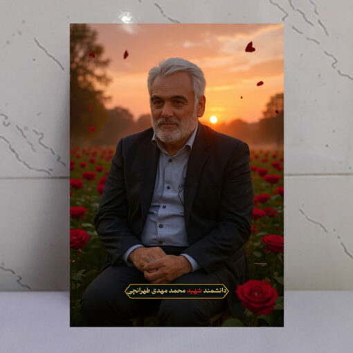 قاب شاسی دانشمند شهید محمد مهدی طهرانچی با زمینه غروب و دشت گل