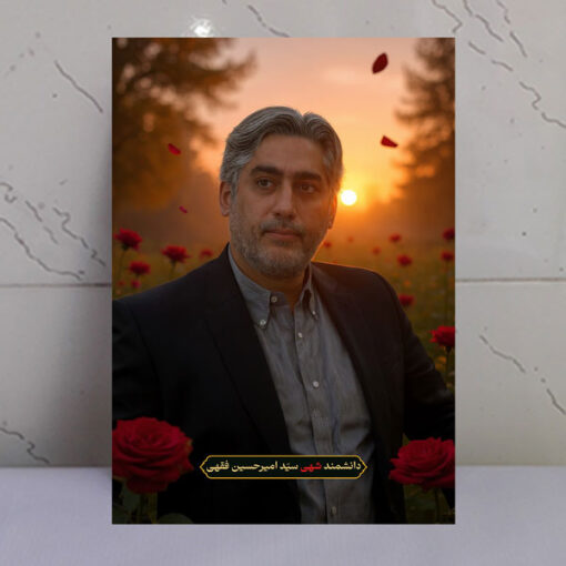 قاب شاسی دانشمند شهید سیّد امیرحسین فقهی با زمینه غروب و دشت گل