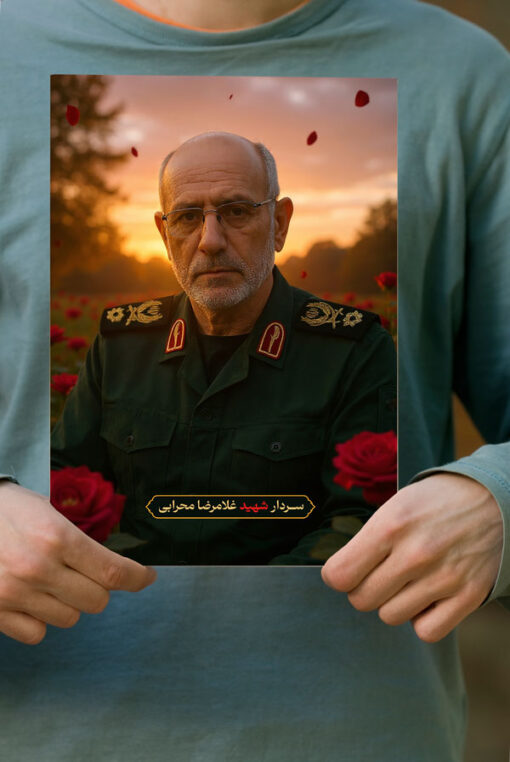 پوستر سردار شهید غلامرضا محرابی با زمینه دشت گل و غروب