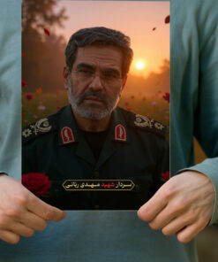 پوستر سردار شهید مهدی ربانی با زمینه دشت گل و غروب