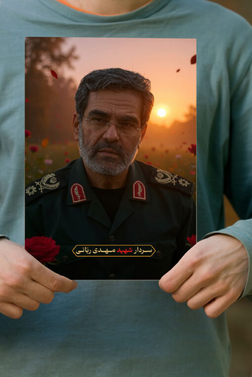 پوستر سردار شهید مهدی ربانی با زمینه دشت گل و غروب
