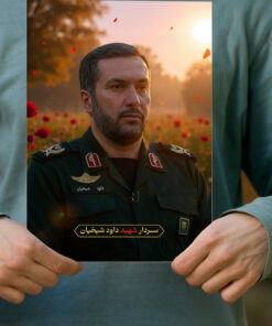 پوستر سردار شهید داود شیخیان با زمینه دشت گل و غروب