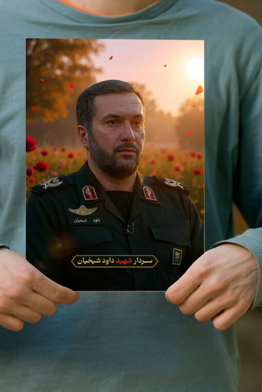 پوستر سردار شهید داود شیخیان با زمینه دشت گل و غروب