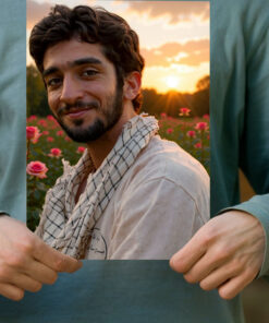 پوستر شهید محسن حججی با زمینه جنگل و گل های لاله