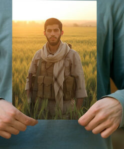 پوستر شهید احمد مشلب در میان گندم زار