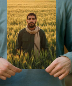 پوستر شهید ابراهیم هادی در میان گندم زار