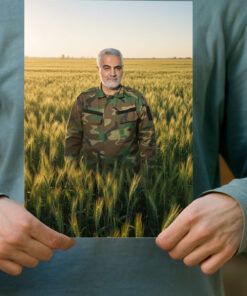 پوستر شهید حاج قاسم سلیمانی در میان گندم زار