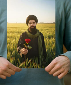 پوستر شهید سیدعلی زنجانی در میان گندم زار با شاخه گل