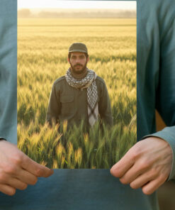 پوستر شهید ابراهیم هادی با شال بسیجی در میان گندم زار