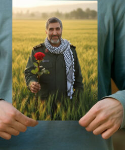 پوستر شهید حاج احمد کاظمی در میان گندم زار  با شاخه گل