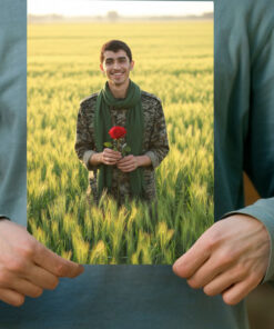 پوستر شهید عباس دانشگر در میان گندم زار با شاخه گل