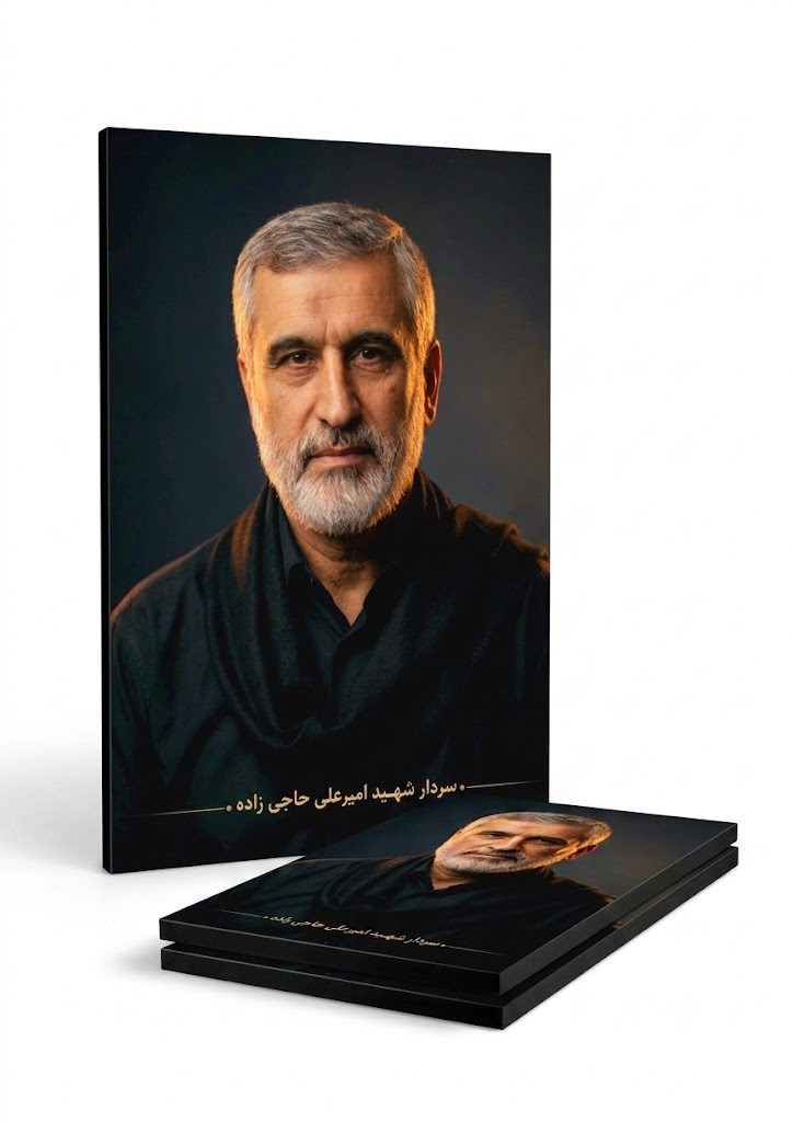 قاب شاسی سردار شهید امیرعلی حاجی زاده با شال و پیراهن مشکی قاب شاسی سردار شهید امیرعلی حاجی زاده با شال و پیراهن مشکی